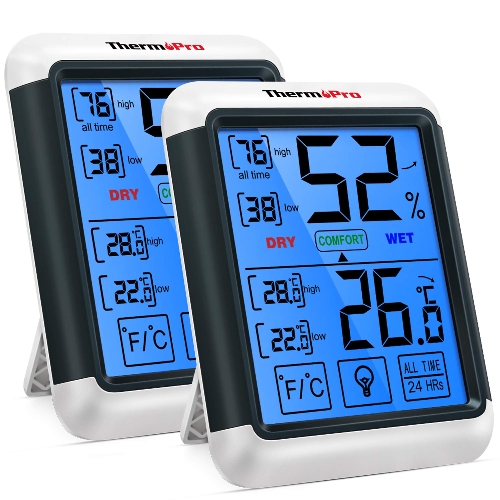 

Цифровий кімнатний термометр/гігрометр ThermoPro з великим РК-дисплеєм температури та вологості, сенсорним екраном, магнітним кріпленням, відображенням максимальних/мінімальних значень білий
