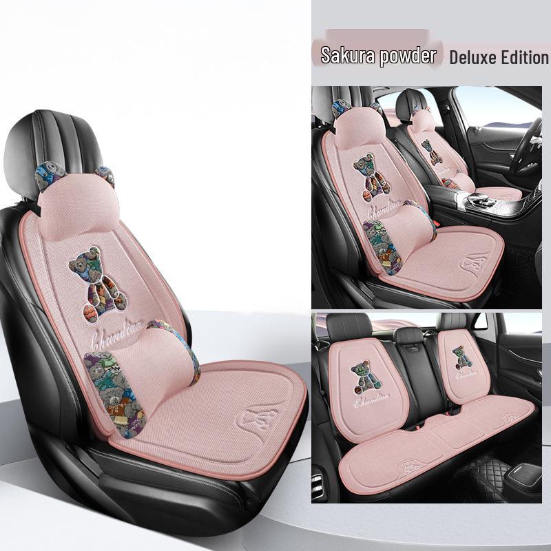 Four Seasons Universal Linen Car Seat Cushion - Cartoon Bear, Breathable, Half-Wrap Rear Seat Cover