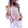 Women Striped Off Shoulder Waist Tie Blouse Short Sleeve Casual T Shirts Tops