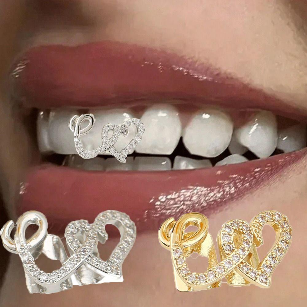 

2Pcs Zircon Double Heart Teeth Caps Copper Hollow Love Tooth Grills Teeth Decoration золотий