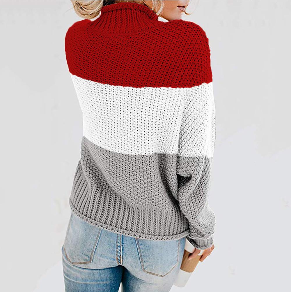 2025 Cross-border Women's Thick Knit Color Block High Neck Sweater Pullover