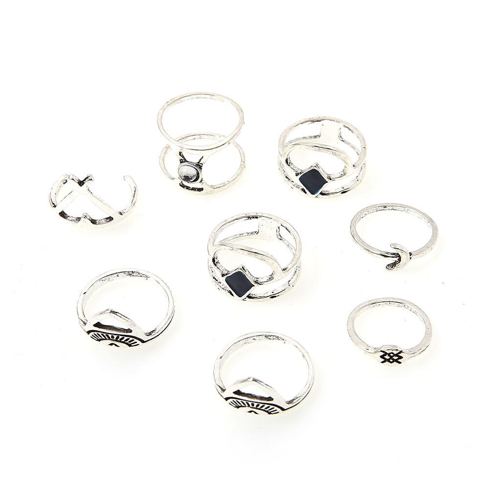 Vintage Bohemian Ancient Silver Moon Drip Oil Rhombus Cross Double Layer Ring Totem 8-Piece Ring Set