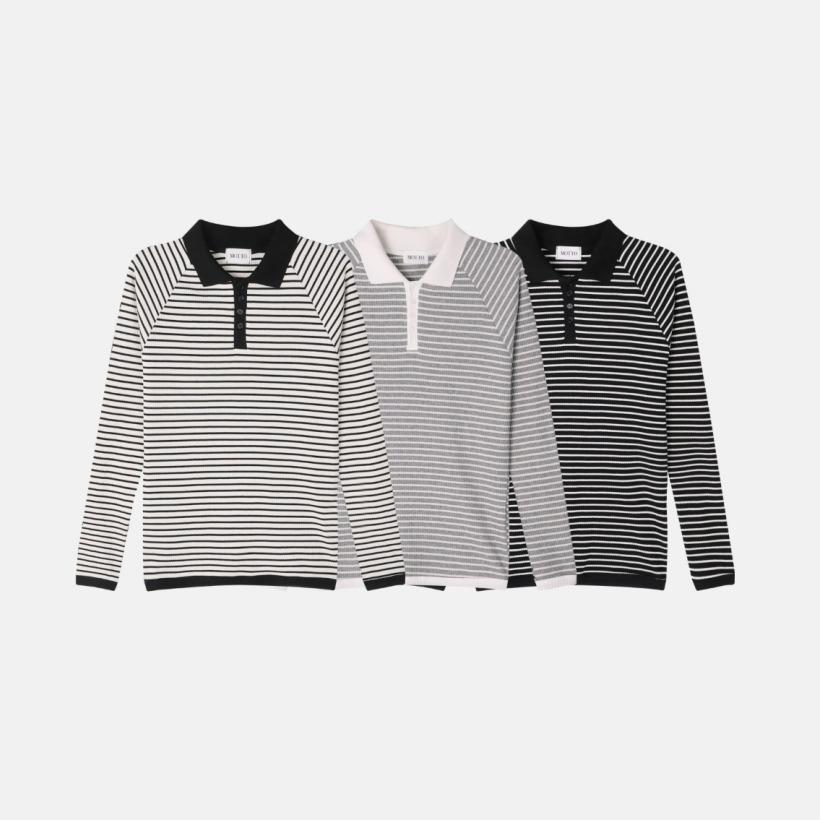 Men’s Ribbed Stripe Henley Polo Free Size (Ivory/ Gray/Black) Casual Knit Shirt Ivory-FREE