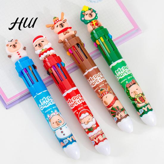 Marker Pen Set Christmas 10-Color Ballpoint Santa Snowman Topper Designs Multi-Color Festive Themed Writing Tool Fun Holiday Gift for Students Friends