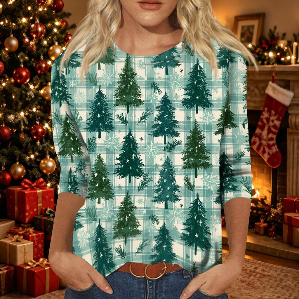 Women's Casual Christmas Print Neck Three-Quarter Sleeve T-Shirt