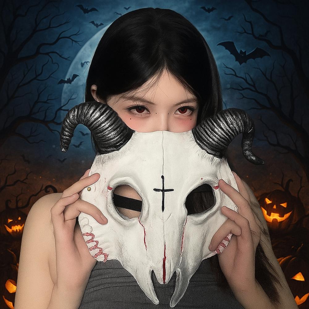 PU Leather Halloween Bloody Skull Mask Antelope Goat Horn Mask Creative Halloween Mask  Women Men