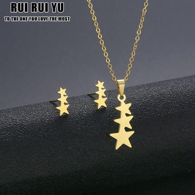 RUI RUI YU New Fashion Ladies Stainless Steel Sleeve Chain Pentagram Pendant Necklace Earrings Set Three-piece Collarbone Chain