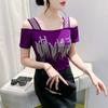 Summer 2024 Rhinestone Double Layer Ice Silk Off-Shoulder Back Blouse