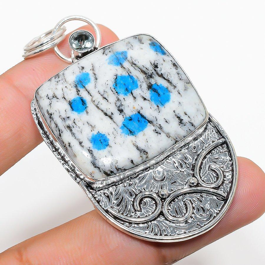 

K2 Blue Azurite, White Topaz 925 Sterling Silver Jewelry Pendant 2.56 W6O79