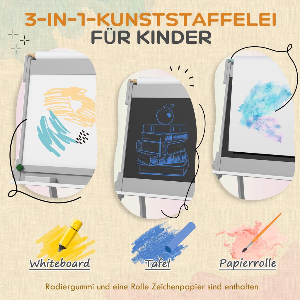 Künstlerstaffelei für Kinder mit Papierrolle, beidseitige Malstaffelei mit Tafel, Whiteboard