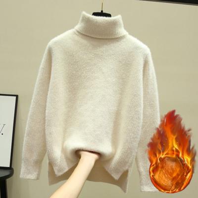 Winter Turtleneck Imitation Mink Thicken Sweater Women Casual Warm Plush Lining Knit Tops Add Velvet Bottomed Blue Pullover 2024