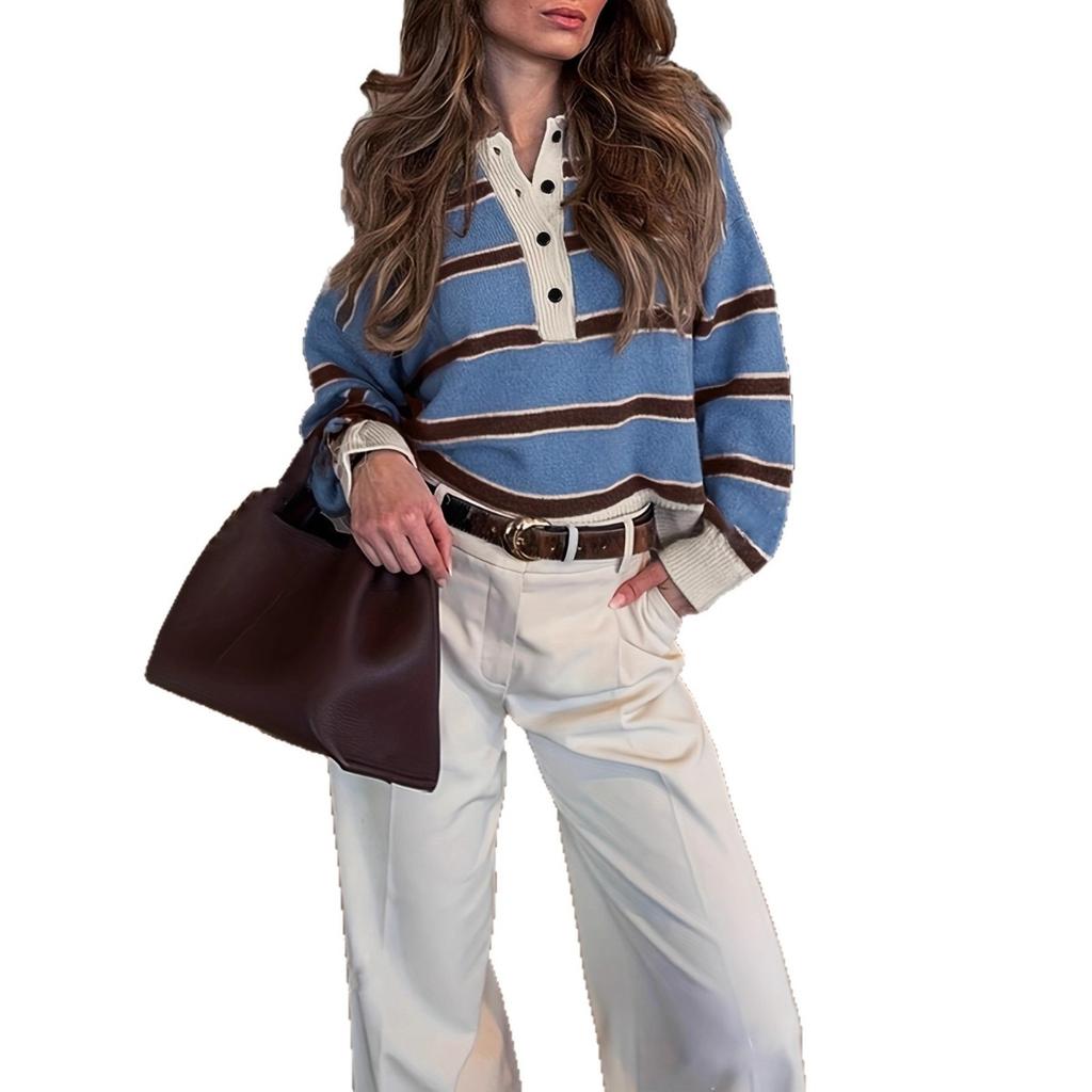 Maglione in Maglia da Donna Invernale Stile Giapponese Retro a Strisce con Mezza Abbottonatura e Colletto Polo, Stile Lento Pigro, Design di Nicchia