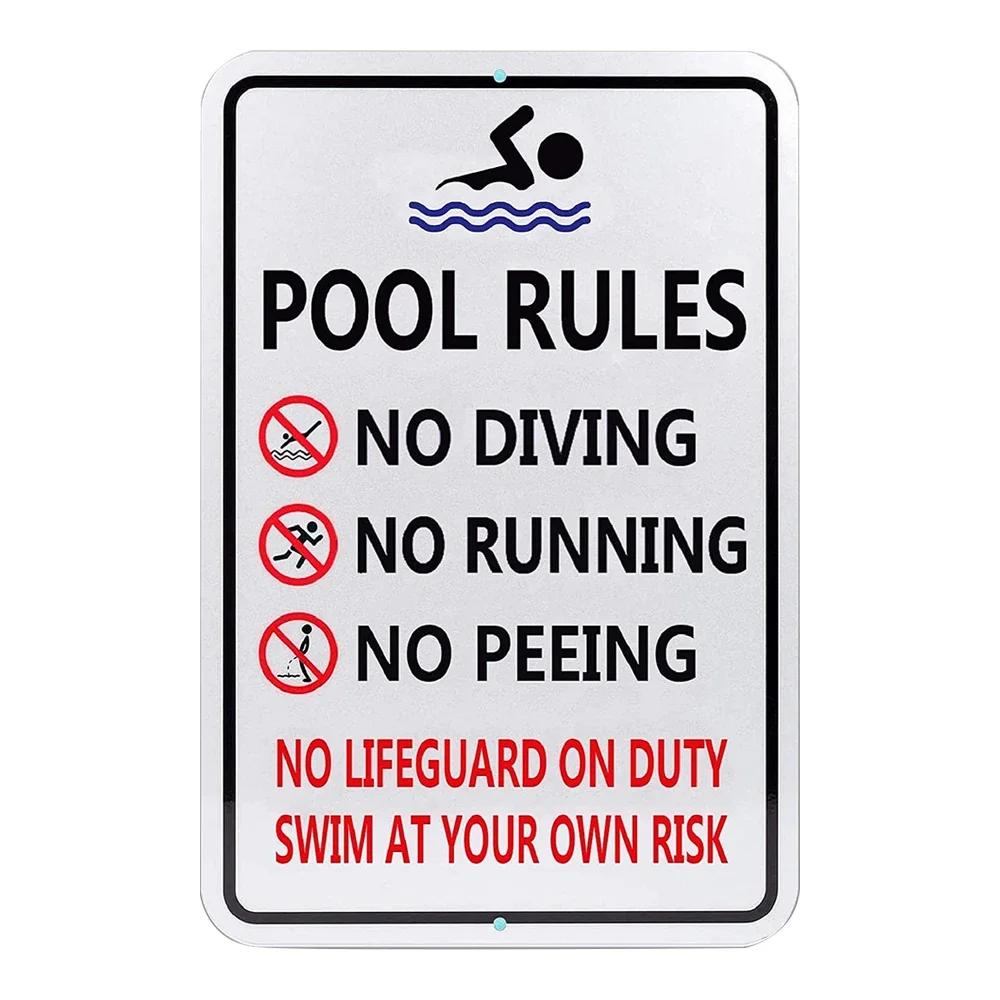 Pool Rules Sign for Outdoor, Backyard Metal Swimming Pool Sign, No Diving No Running No Peeing No Lifeguard On Duty Sign