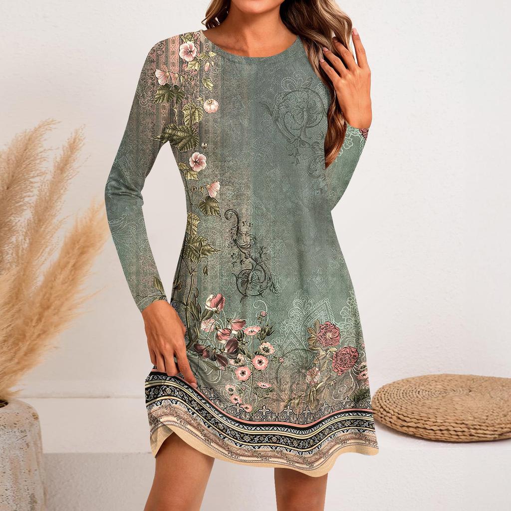 Women's Fashion Casual Print Round Neck Long Sleeve Short Side Pocket Dress