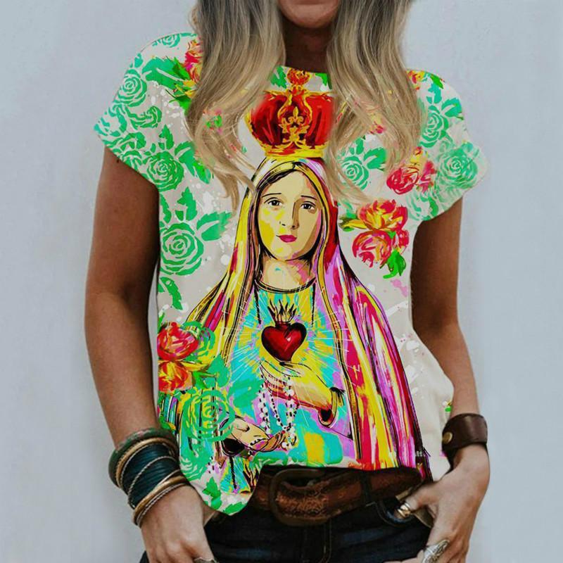 

Summer Virgin Mary 3D Print T Shirt Ladies Crew Neck Streetwear Jesus Religious Cartoon Top Casual Harajuku O Neck T Shirt 3XL