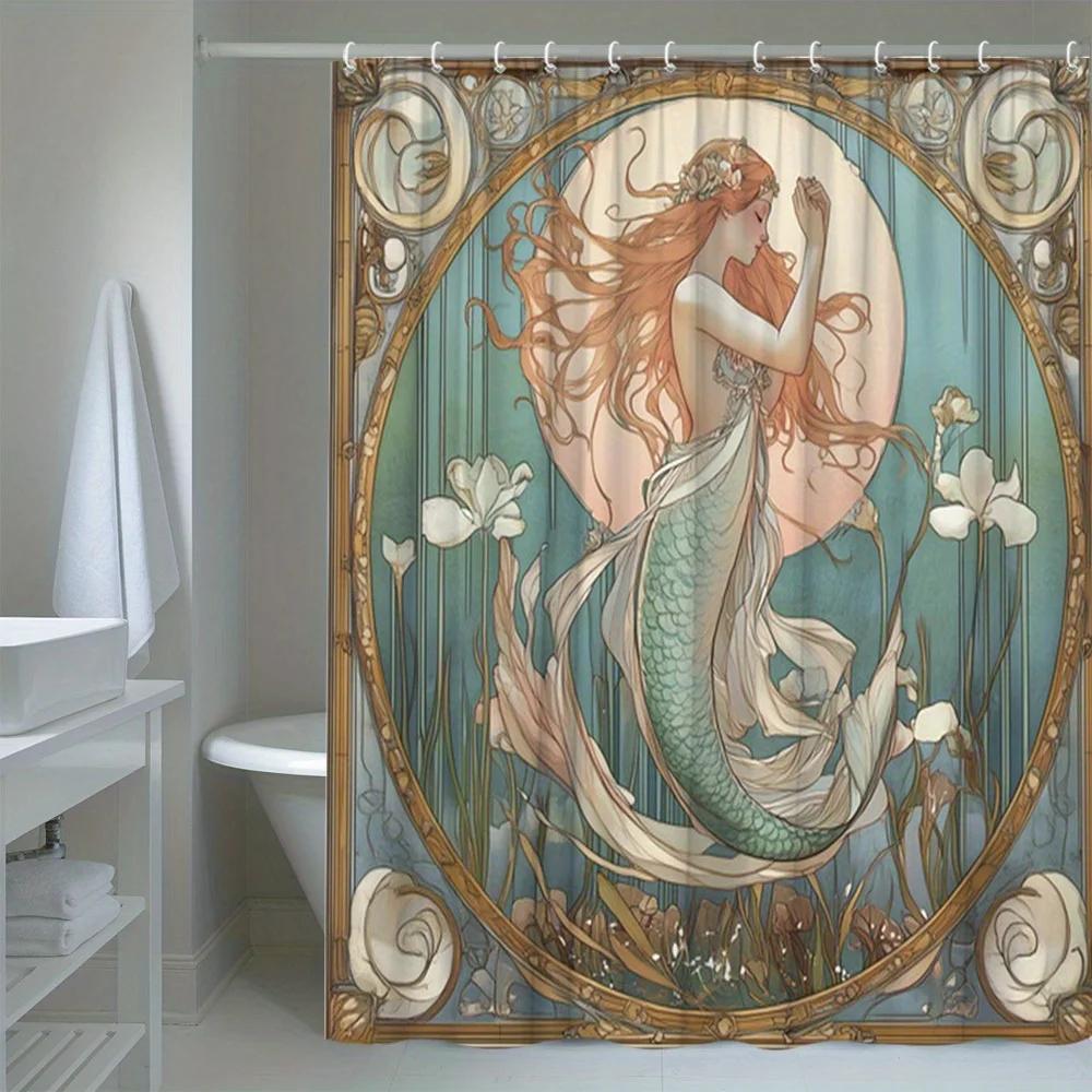 1pc Mermaid Watercolor Style Shower Curtain Bathroom Decor Polyester Fabric with 12 Hooks 70.8x70.8 Inches