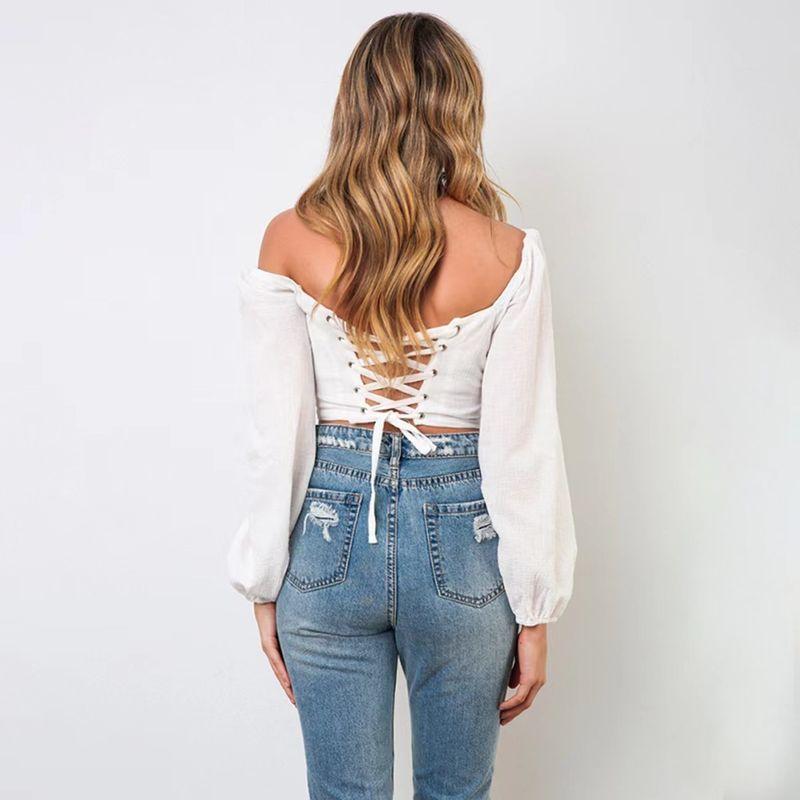 Fashion Style off-the-Shoulder Long Sleeves Back Lace-up Tube Top Short Sexy Tops Female Tied Strapless Top