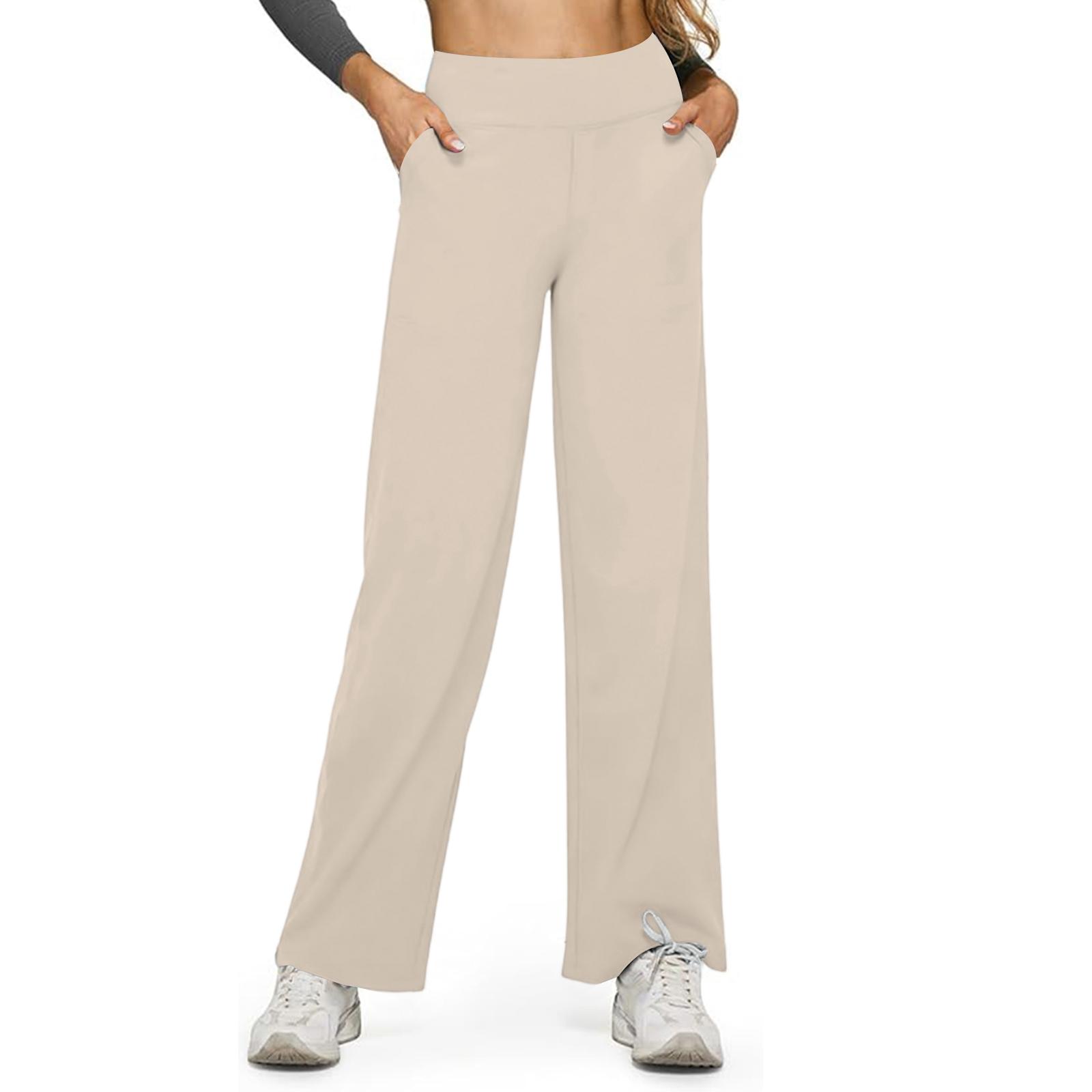 

Women s Casual High-waisted Straight-leg Pants, Loose Pocket Yoga Pants L бежевий