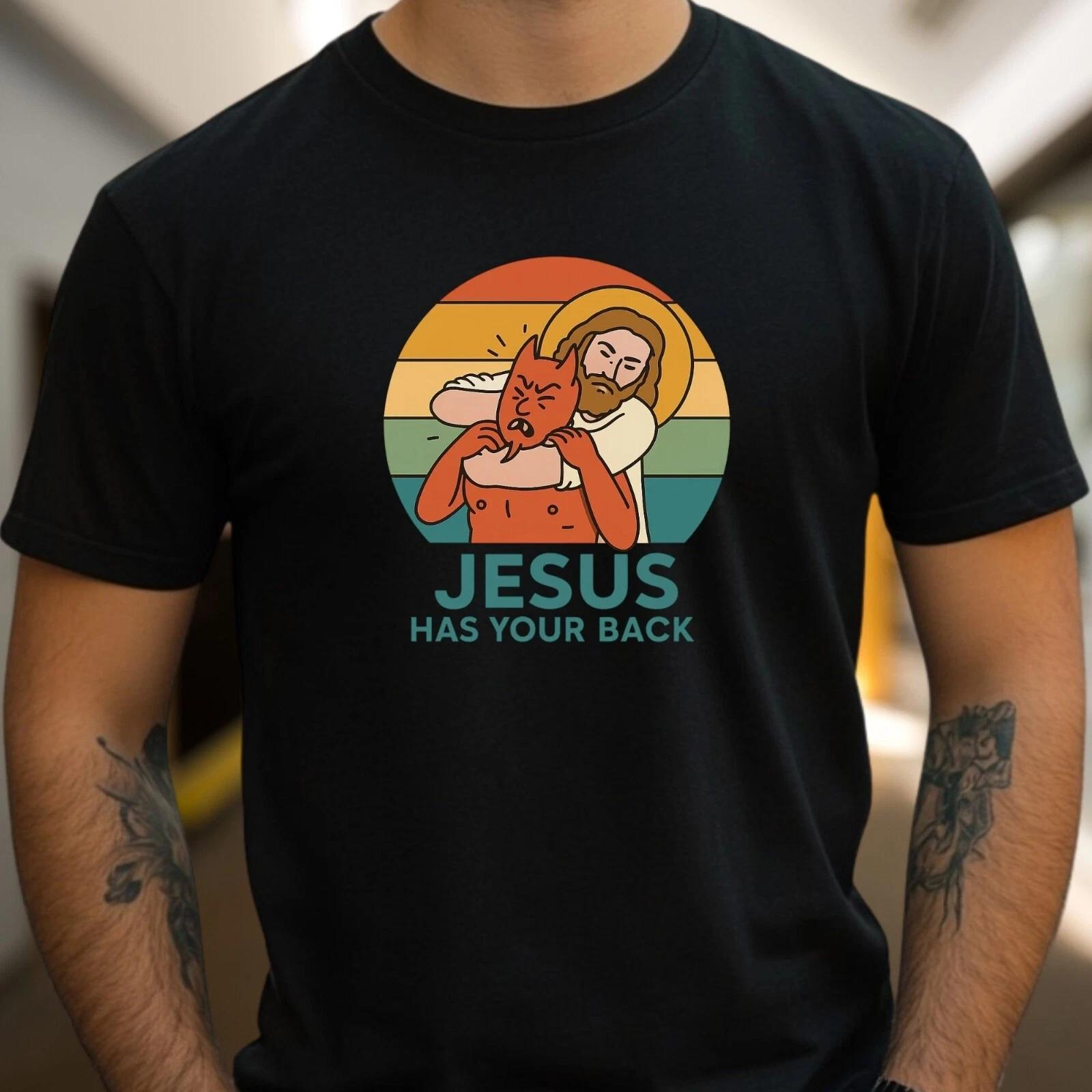 Jesus Has Your Back 100% Cotton T-shirt Mens Tees Top Funny Christian Shirt Retro Faith Theme- M