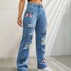 Butterfly Printed Torn Hole Cut Fashion Denim Straight High Waist Clashing Colour Denim Trousers Women's Long Pants