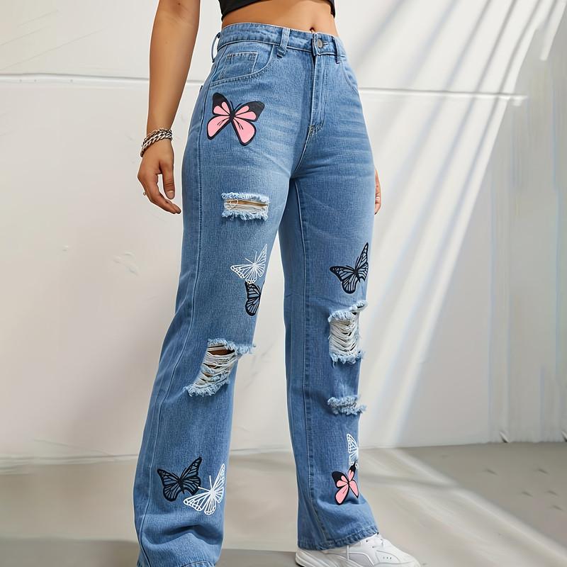 Butterfly Printed Torn Hole Cut Fashion Denim Straight High Waist Clashing Colour Denim Trousers Women's Long Pants
