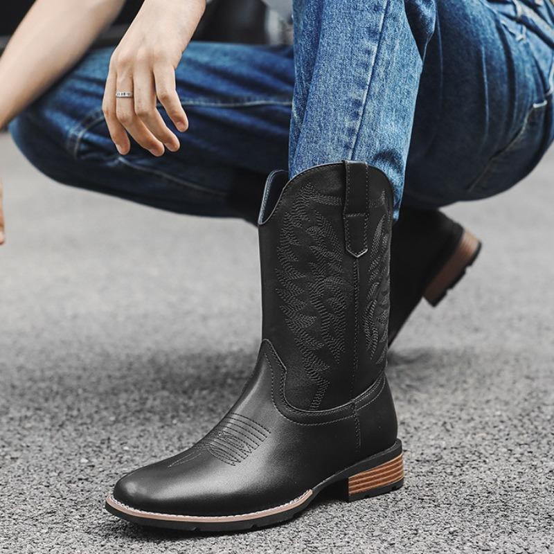 Fashion Retro Men's Boots Classic Handmade Embroidery Western Cowboy Boots Fashion Casual Leather Boots Men's Mid-Calf Motorcycle Botas