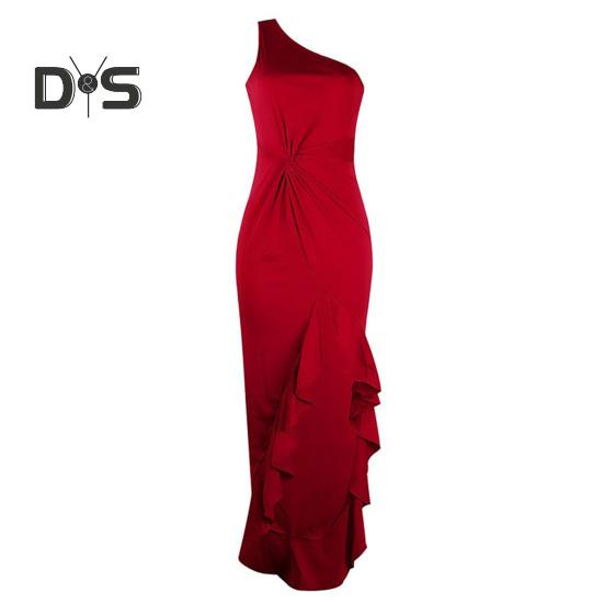Damen-Abendkleid, einschulterlang, geschlitzter Saum, Rüschen, einfarbig, schmale Passform, schräger Ausschnitt, ärmellos, rückenfrei, bodenlang, Damen-Abschlussball-Maxikleid