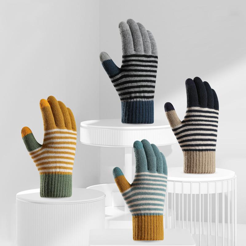 Striped Women Winter Keep Warm Knitted Thicken Ouch Screen Soft Gloves
