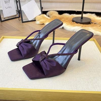 2025 New Versatile Square Head Purple Rhinestone One-word Sandals Women Wear High-heeled Sandals Half Slippers