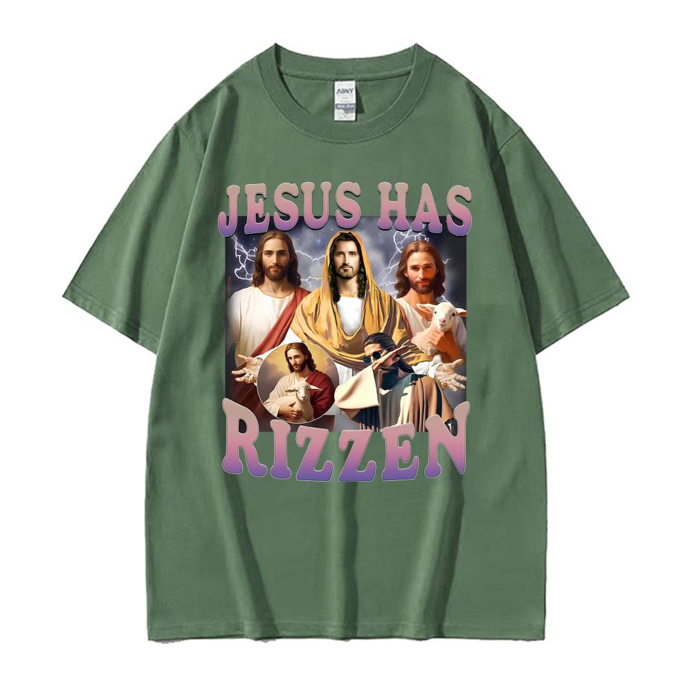 Jesus Has Rizzen Funny T Shirt Men Women Clothing Vintage Trending Oversized Tee Shirt High Quality Cotton Short Sleeve Tshirts