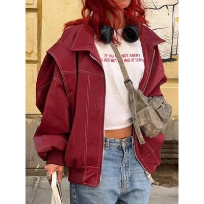 Modne płaszcze patchworkowe z klapami i długim rękawem, w stylu vintage, czerwona skórzana kurtka na zamek dla kobiet, jesienno-zimowa, damska odzież wierzchnia casual