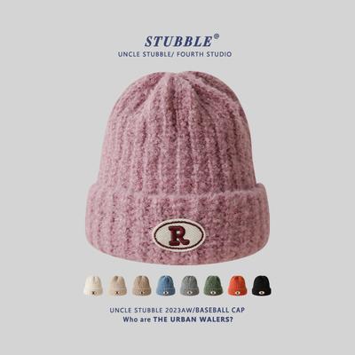 Warm Knitted Hats for Men and Women R Marked Face-showing Small Woolen Hats Pile Hats for Couples Outdoor Pullover Cold Hats