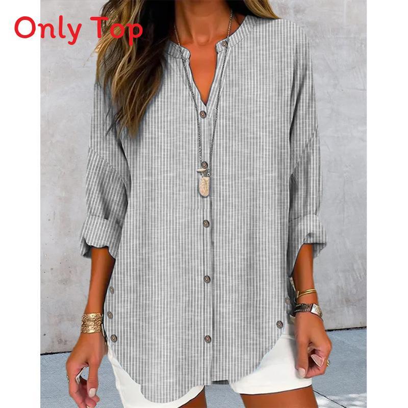 Women Autumn Winter Long Sleeve Stripe Shirt With 3d Effect And Button Details For Casual Office Wear