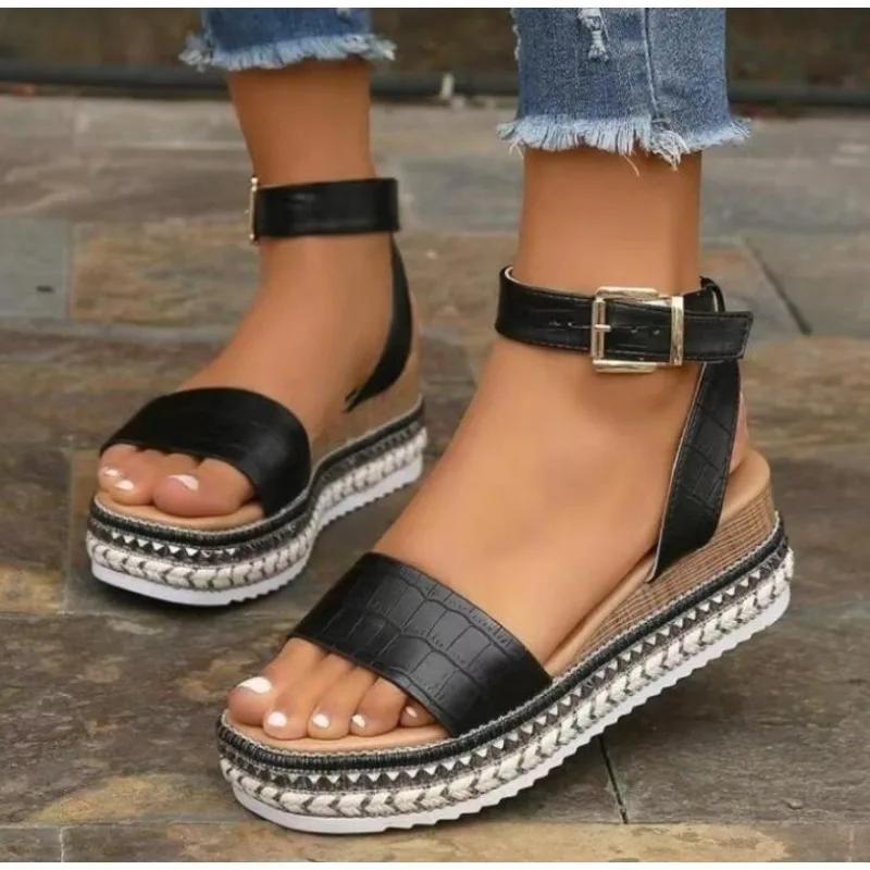 Fashion Summer Plus Size 43 Casual Ladies Wedge Heels Sandals Non Slip Platform Sandalias White Ankle Strap Sandals for Women Zapatos