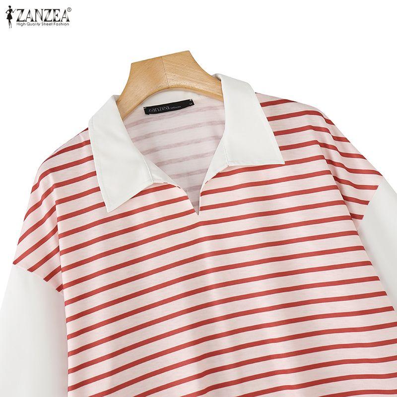 ZANZEA Women Turn Down Collar Casual Stripe Splice 3/4 Sleeve T-shirts Blouse
