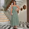 Damen Sommer Maxikleid mit Polka-Dot und Streifenprint, Spaghettiträgern, Stufenrock, Lässiger Lockerer Schnitt, Langes Kleid