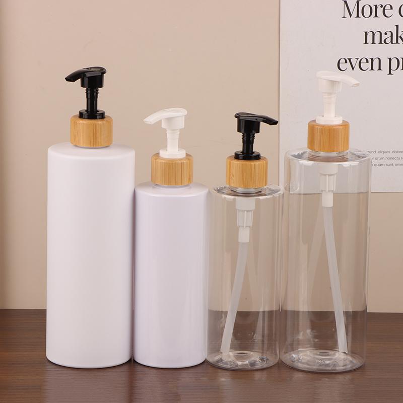 300/500Ml Cylindrical Bamboo Pump Dispenser Bathroom Pet Dish Soap Bottle Lotion Refillable Shower Gel Liquid Frosted Container