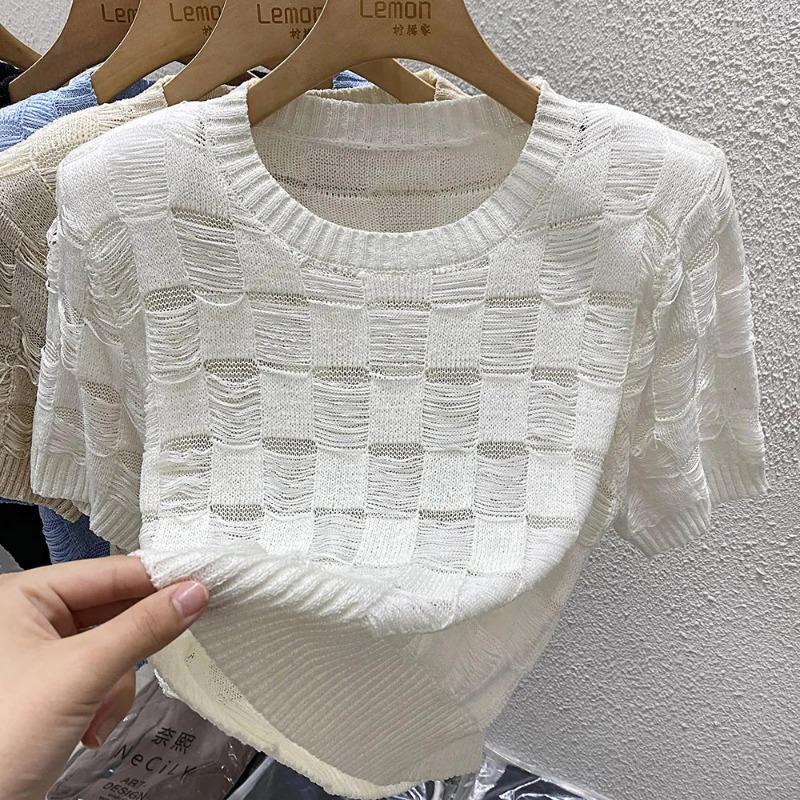 Women's Black Textured Knit Top Short Sleeve Crew Neck Loose Fit Casual Blouse