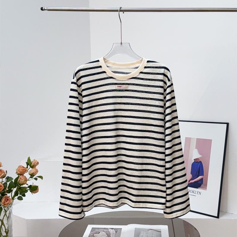 

MC25 Autumn Versatile Nautical Style Lightweight Mulberry Silk-Cotton Linen Long Sleeve Top Large