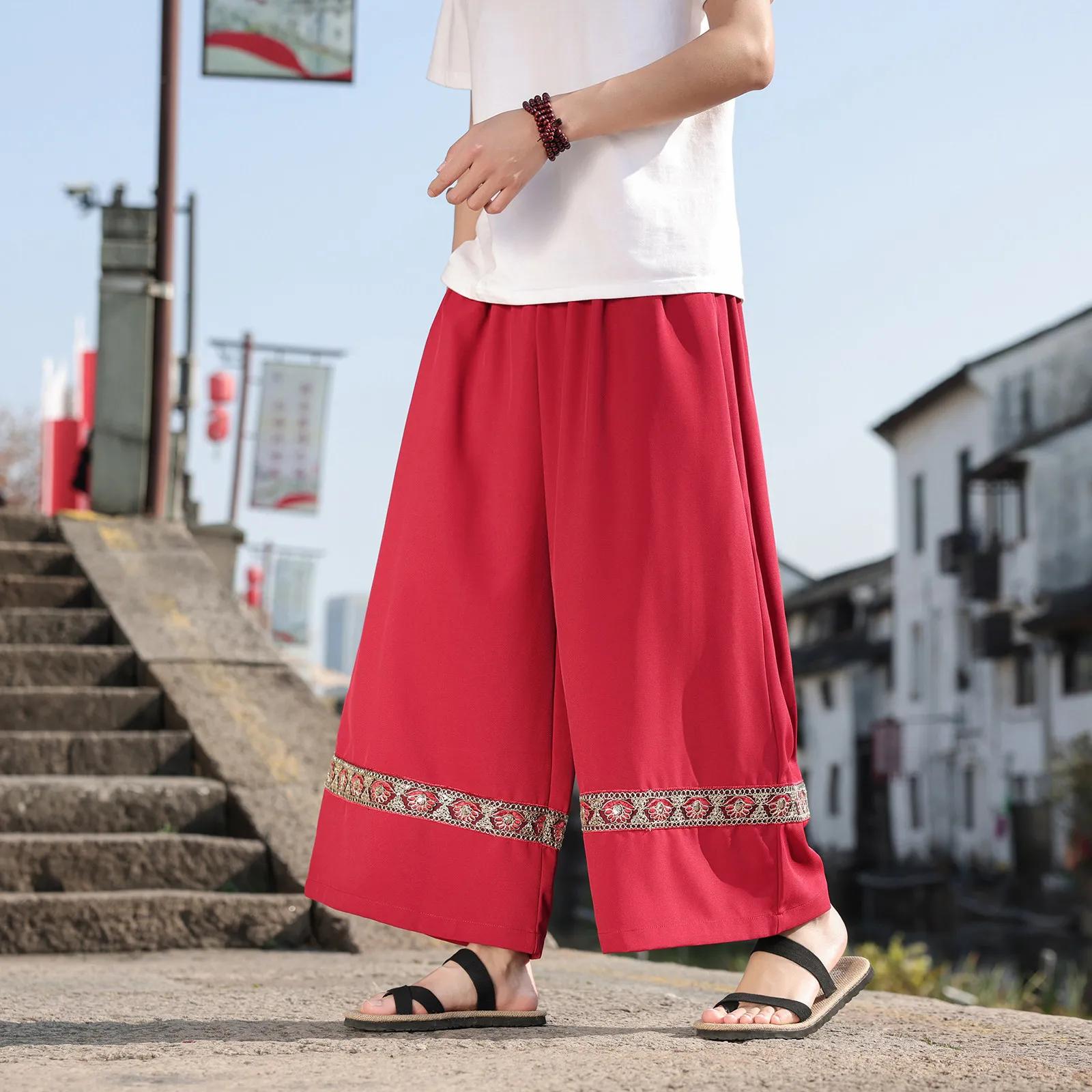 

Spring Men Jacquard Embroidered Flower Pants Wide Leg Pants Women Vintage Chinese Style Bottoms Ethnic Style High Waist Trousers M червоний