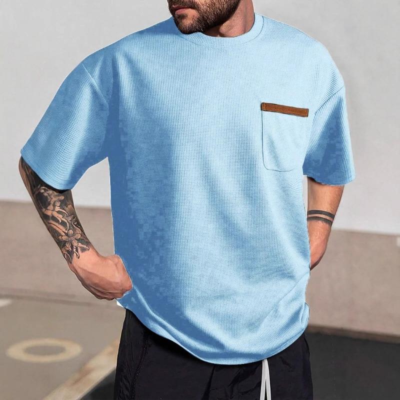 

Summer new men s daily casual elastic pocket round neck short-sleeved T-shirt in stock S синий