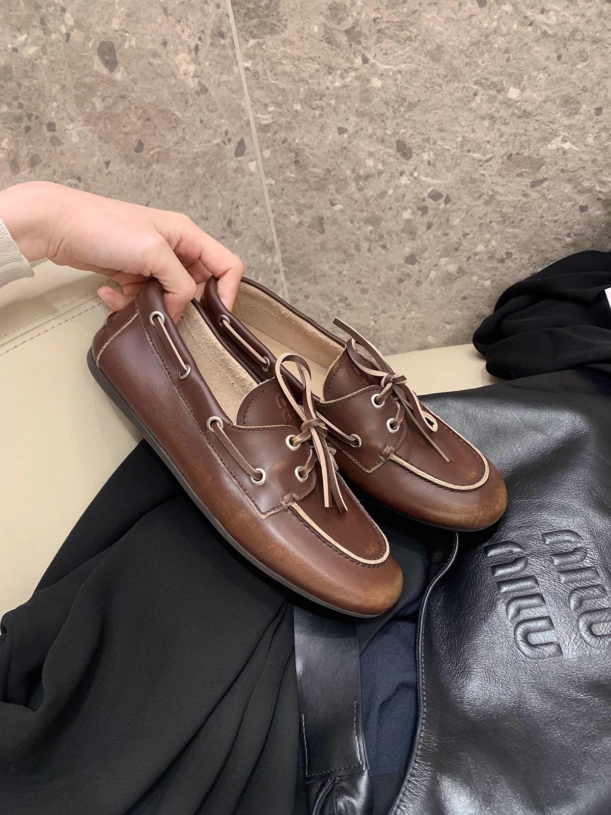 

Овчина~ Старые грязные туфли-лоферы на шнуровке, женские ретро туфли-однопедальки из маленькой кожи 38