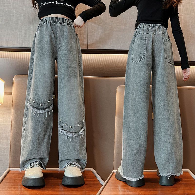 Girls' Wide Leg Pants for Spring and Autumn Wear Straight Leg Jeans Korean Children's Casual Autumn Pants