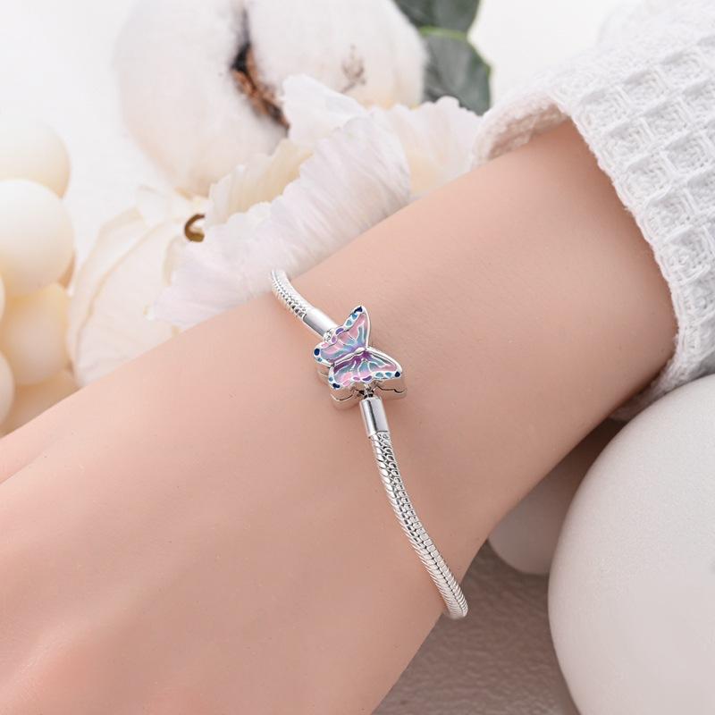Heart Shaped Zircon Butterfly Base Bangle Single Wear Copper Silver Plated Colorful Snake Bone Bracelet