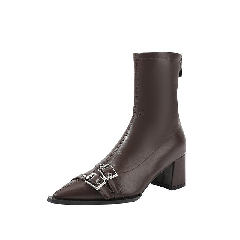 

Pointed thick heel short boots women s 2025 new retro belt buckle elastic thin boots British Martin boots fashion boots 40 коричневий