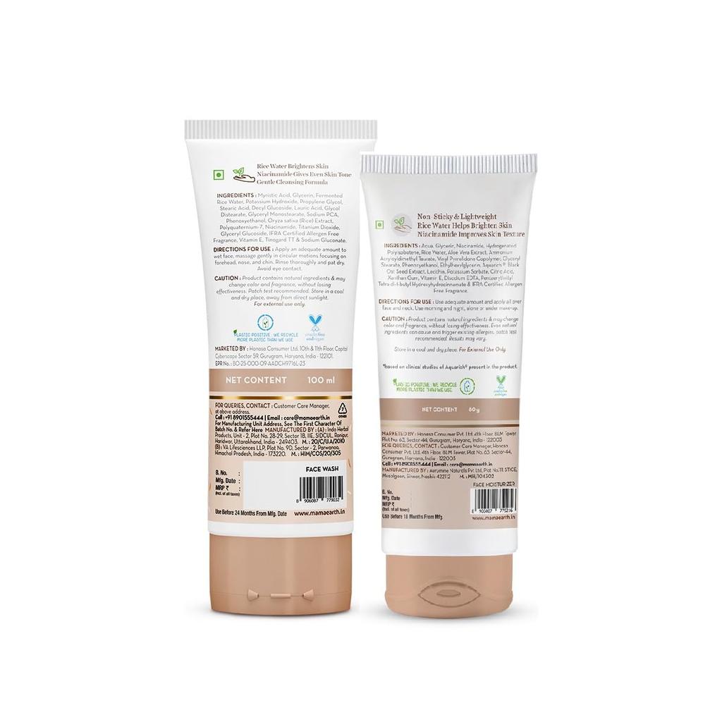 Mamaearth Koreanisches Glas Haut Combo | Reis Gesichtsreiniger (100 ml) + Feuchtigkeitscreme ohne Reisöl (80 g) | Spendet Feuchtigkeit, Hellt auf & gleicht den Hautton aus | Niacinamid