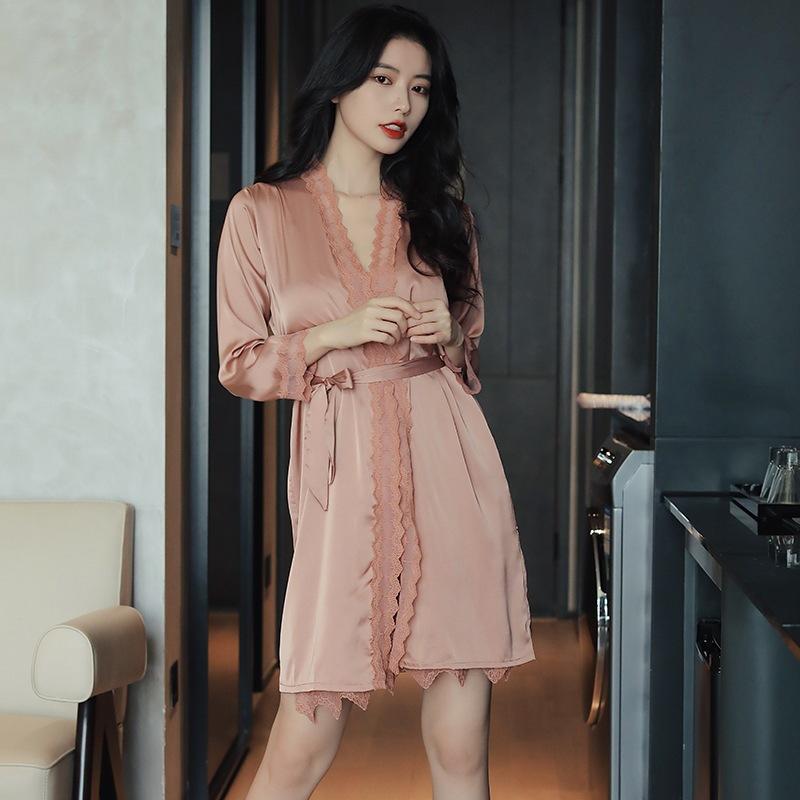 Suspender pajamas women's summer thin pajamas with chest pads Ice silk pajamas women's lace mesh two-piece set Spring and Autumn loungewear