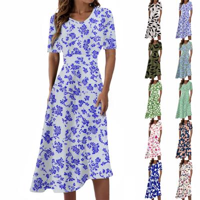 Women's Casual Fashion Floral Print V-neck Short-sleeved Waist-length Dress