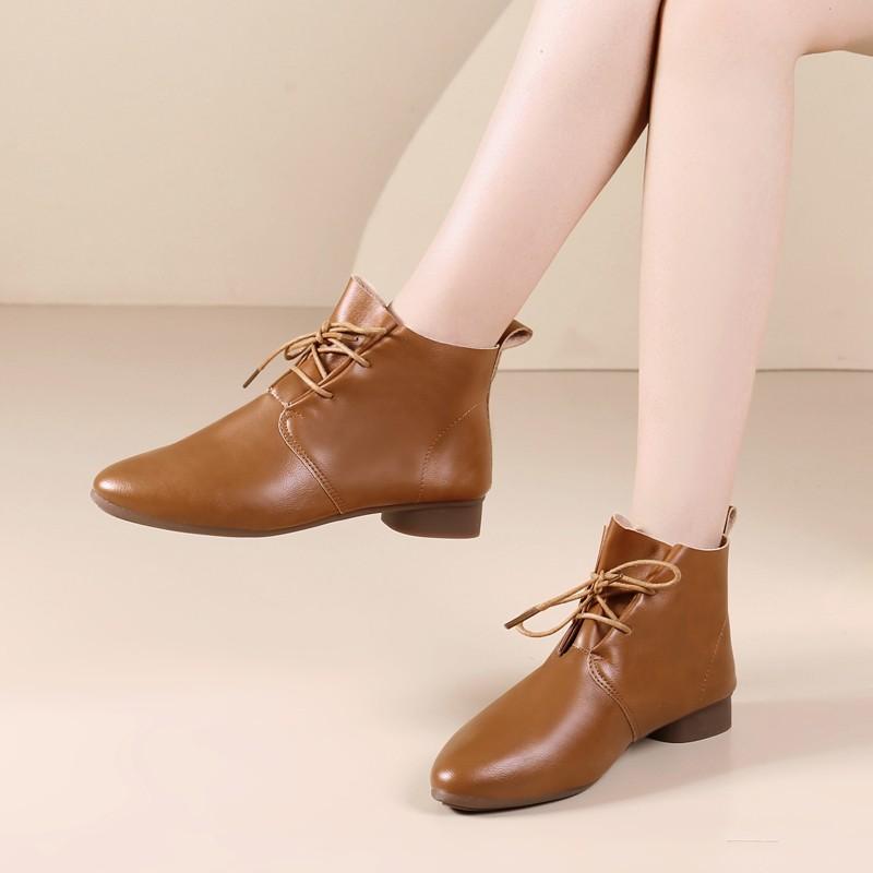 New Women's Ankle Boots Lace Up Leather Shoes Pointed Toe Flats Soft Sneakers for Female Motorcyle Boots Black Booties