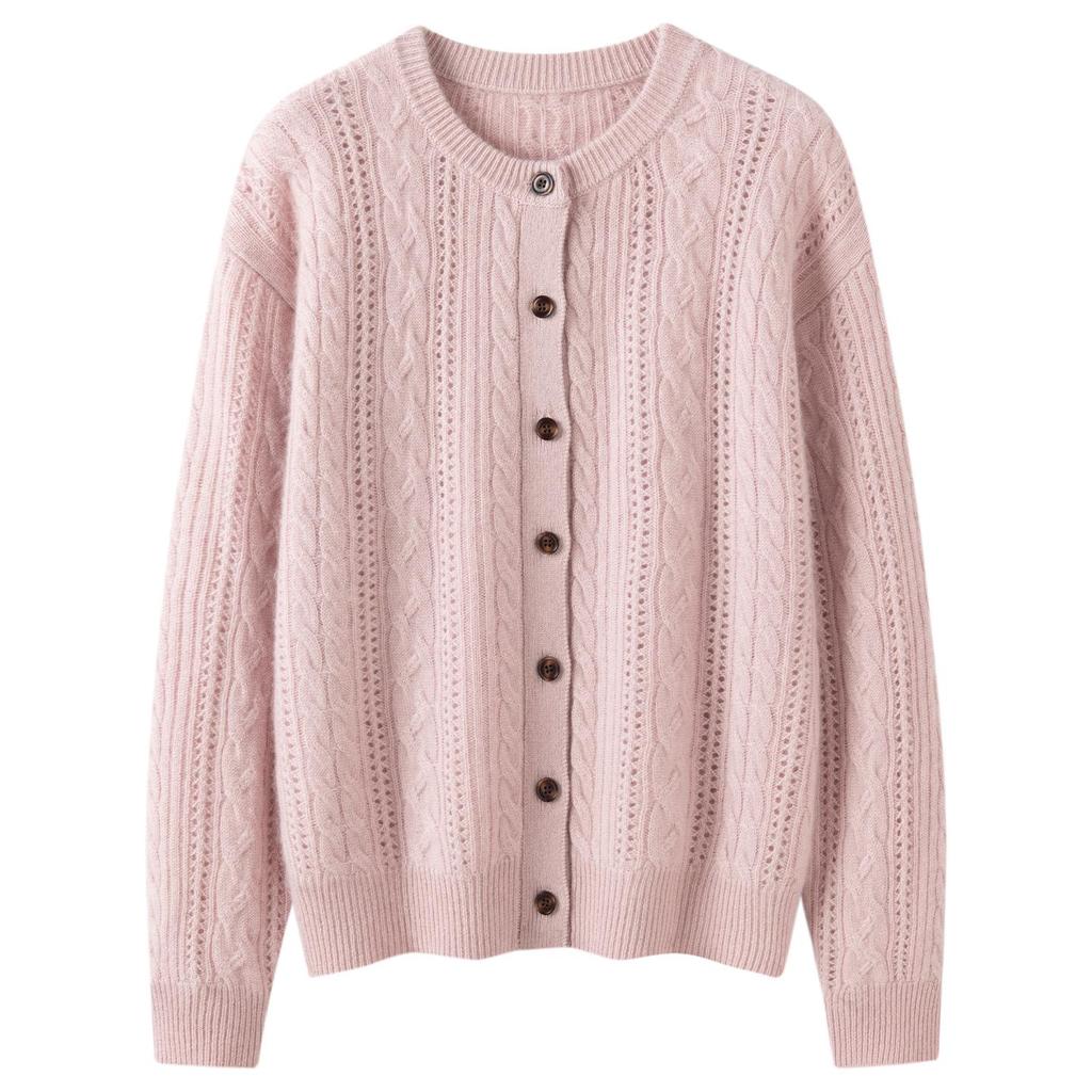 Women's Thickened Hollow-Out Cashmere Cardigan, Round Neck, Button-Up, Long Sleeve Wool Outerwear with Drop Shoulders.